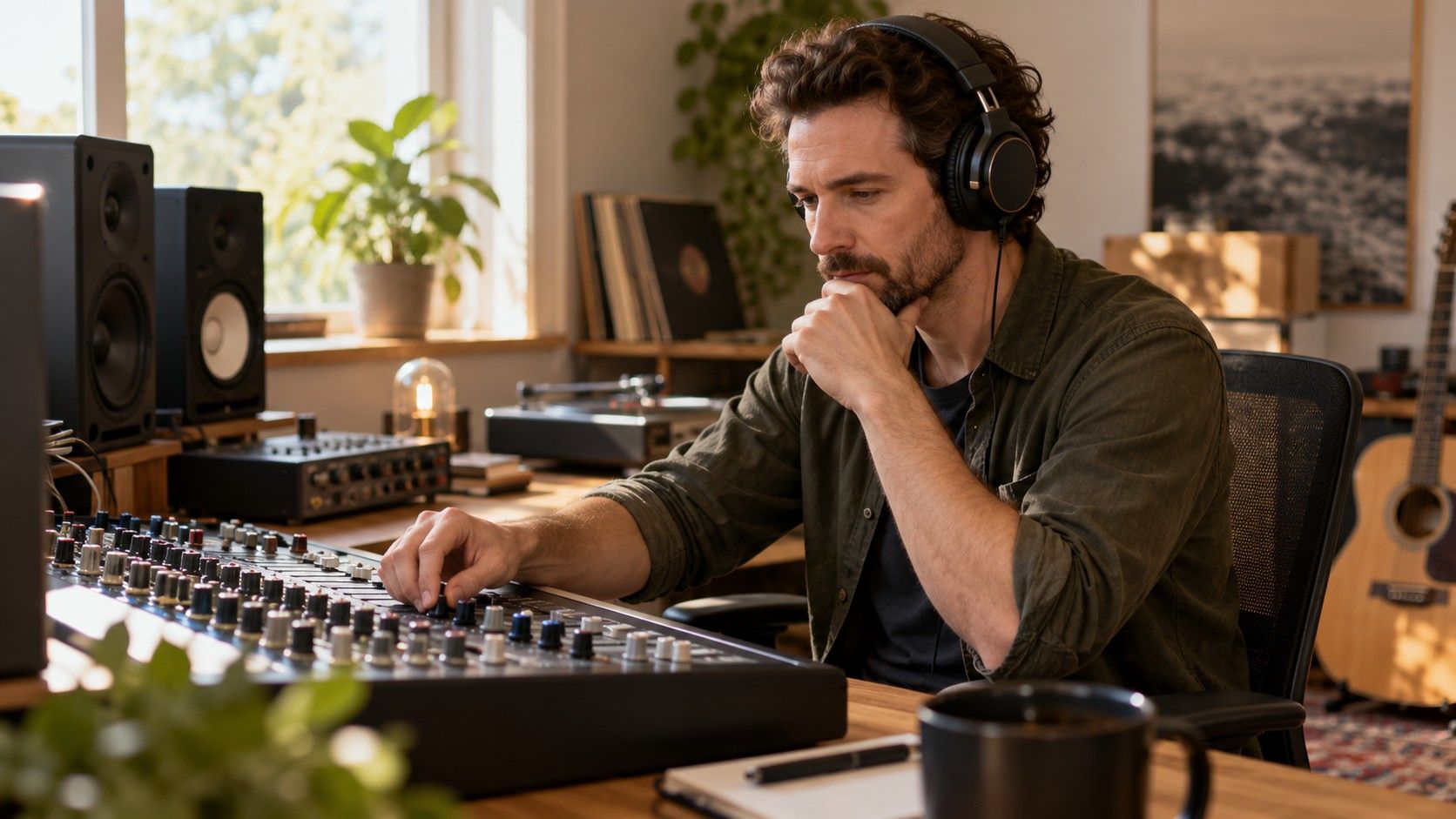Headphones and an audio editing screen on a studio desk