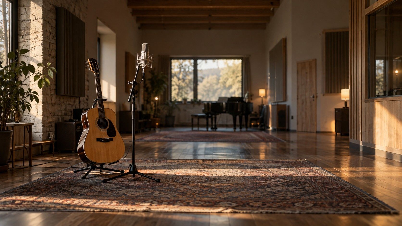 Studio cymbal and headphones in an audio workspace