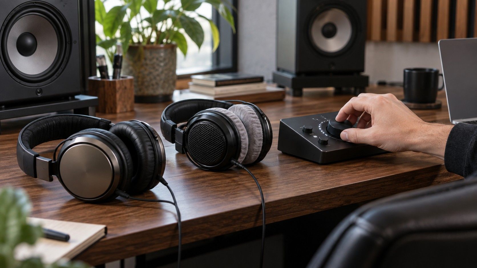 Headphones and studio monitors at an audio editing desk
