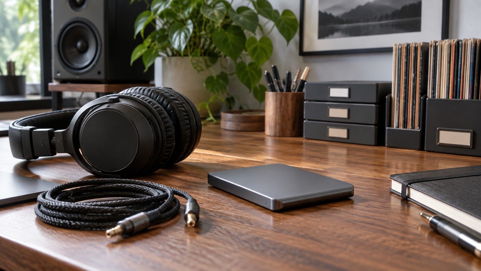 External storage drive beside studio headphones
