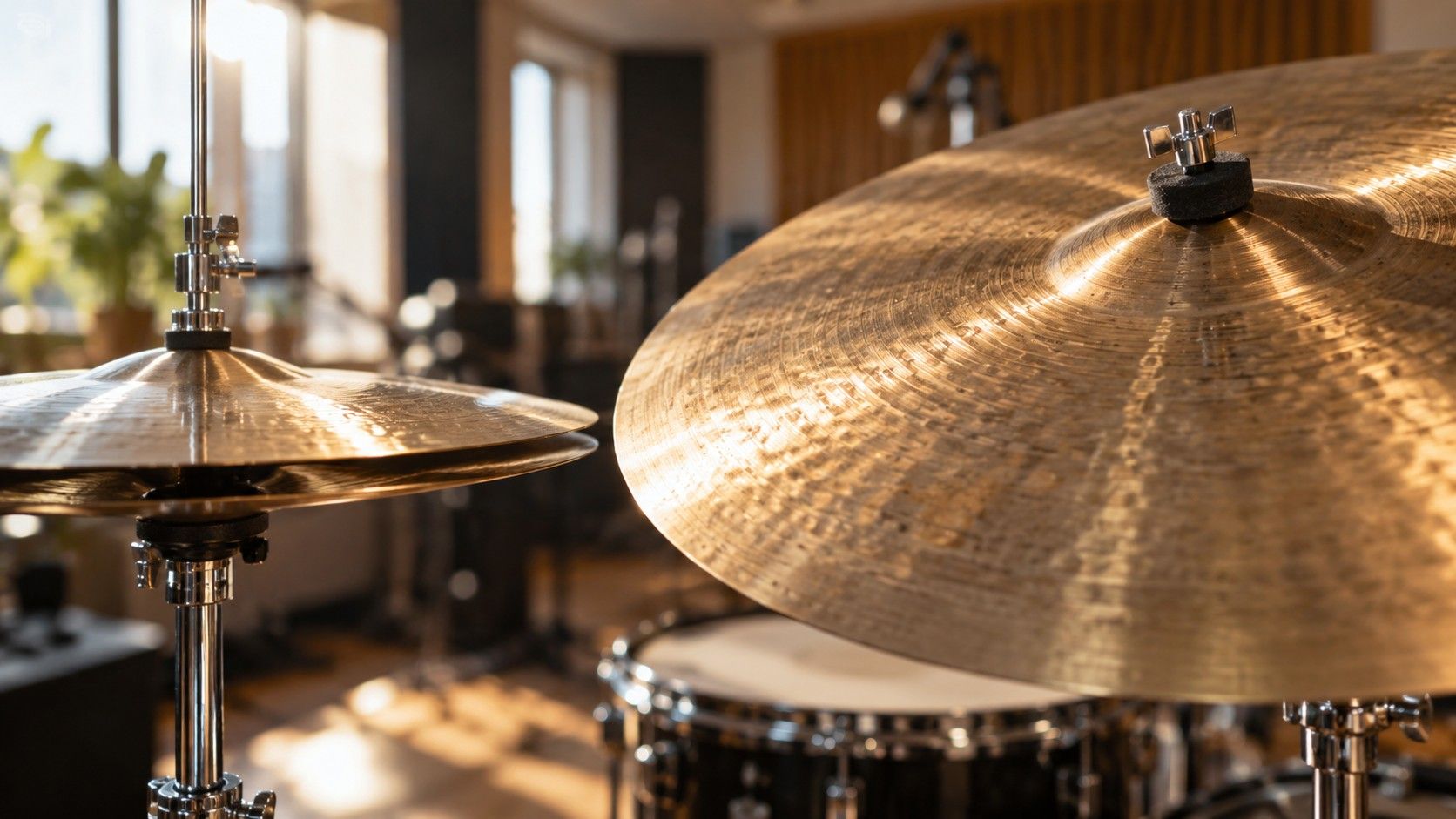 Drum kit with cymbals in a recording room