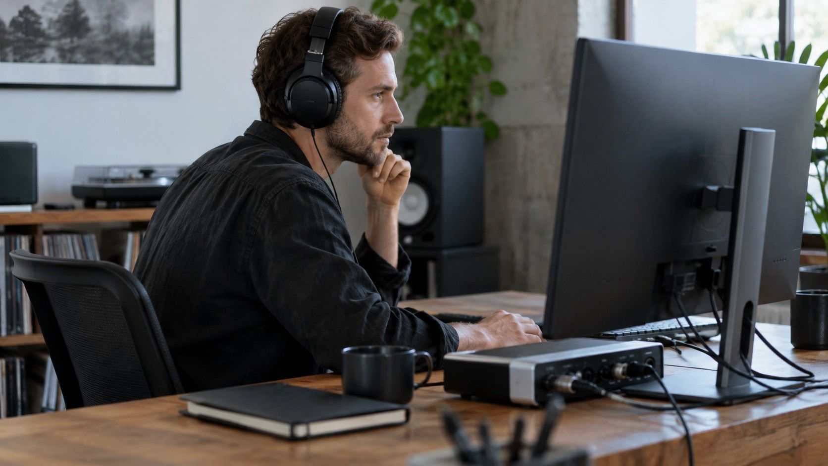 Audio editing workstation with headphones