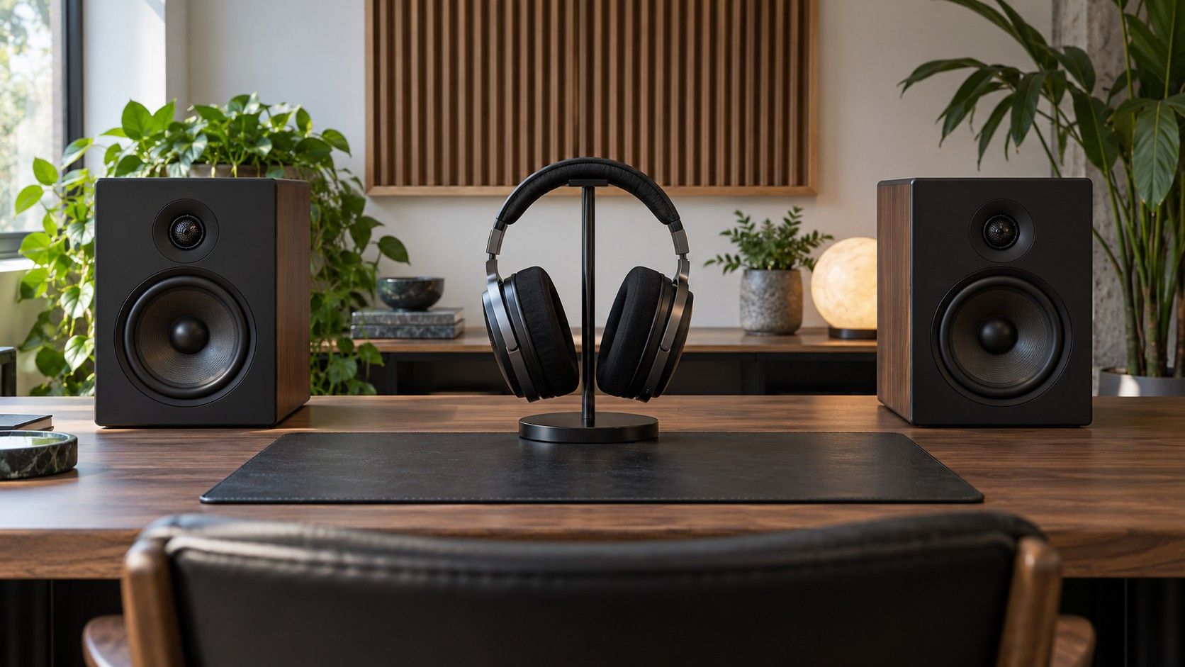 Headphones beside a stereo audio editing display