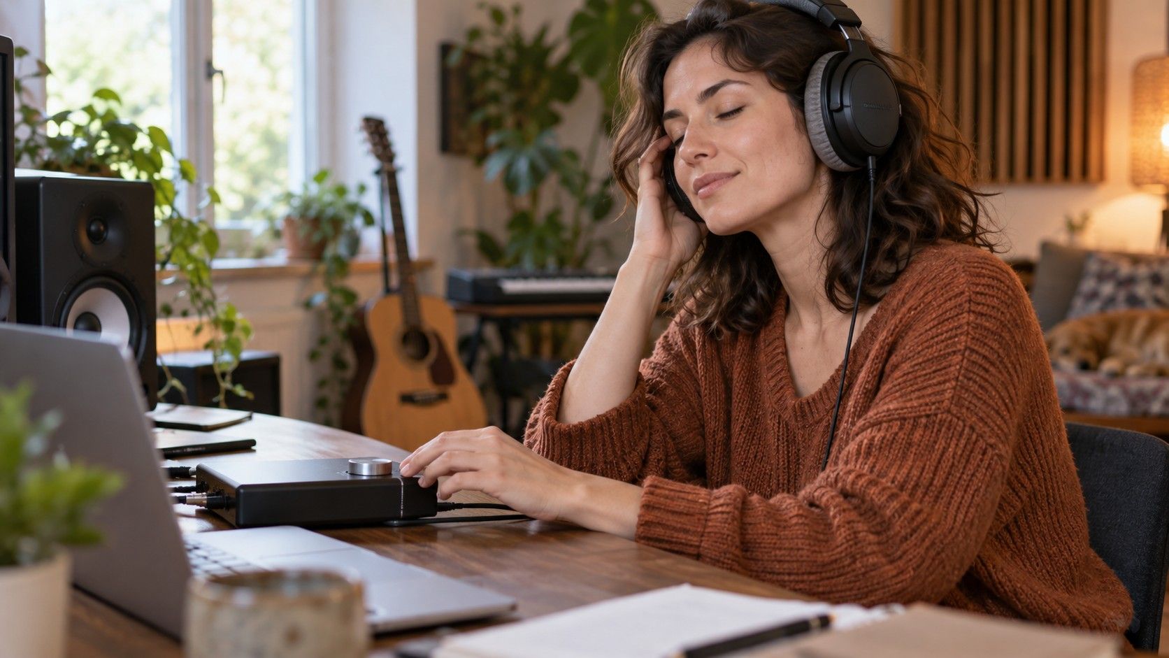 Headphones beside an audio editing workstation