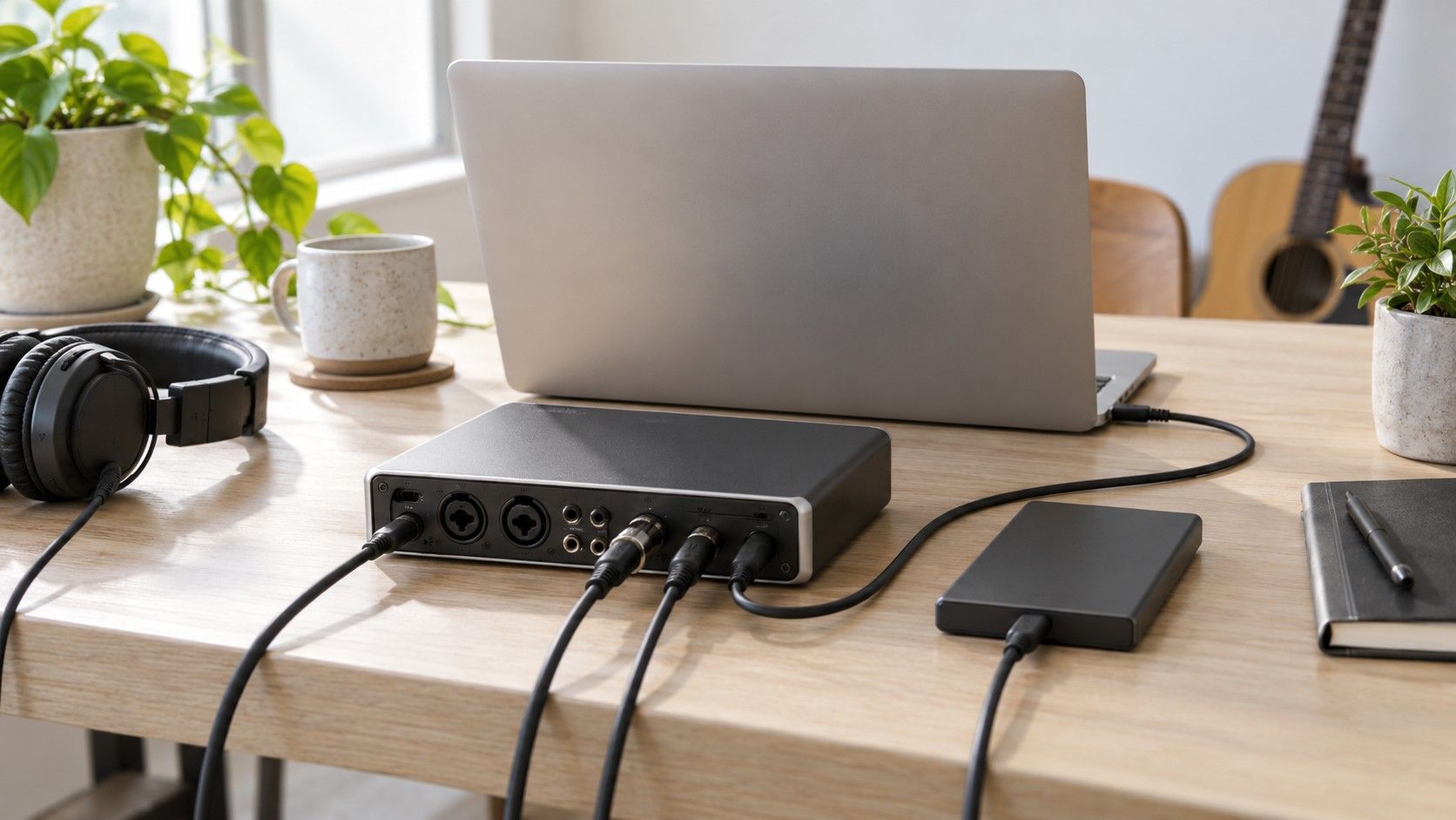 Audio workstation with studio monitors and headphones
